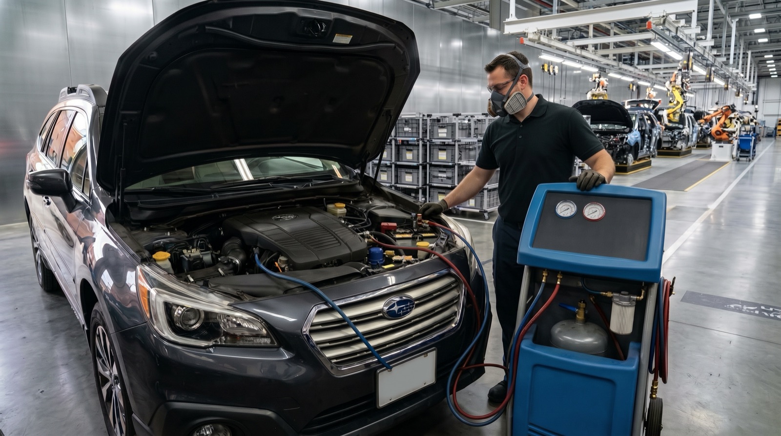 Technician recharging car AC refrigerant with gauge manifold equipment