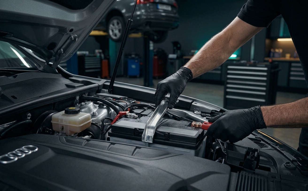Technician replacing a car battery at Auto Millennium service center