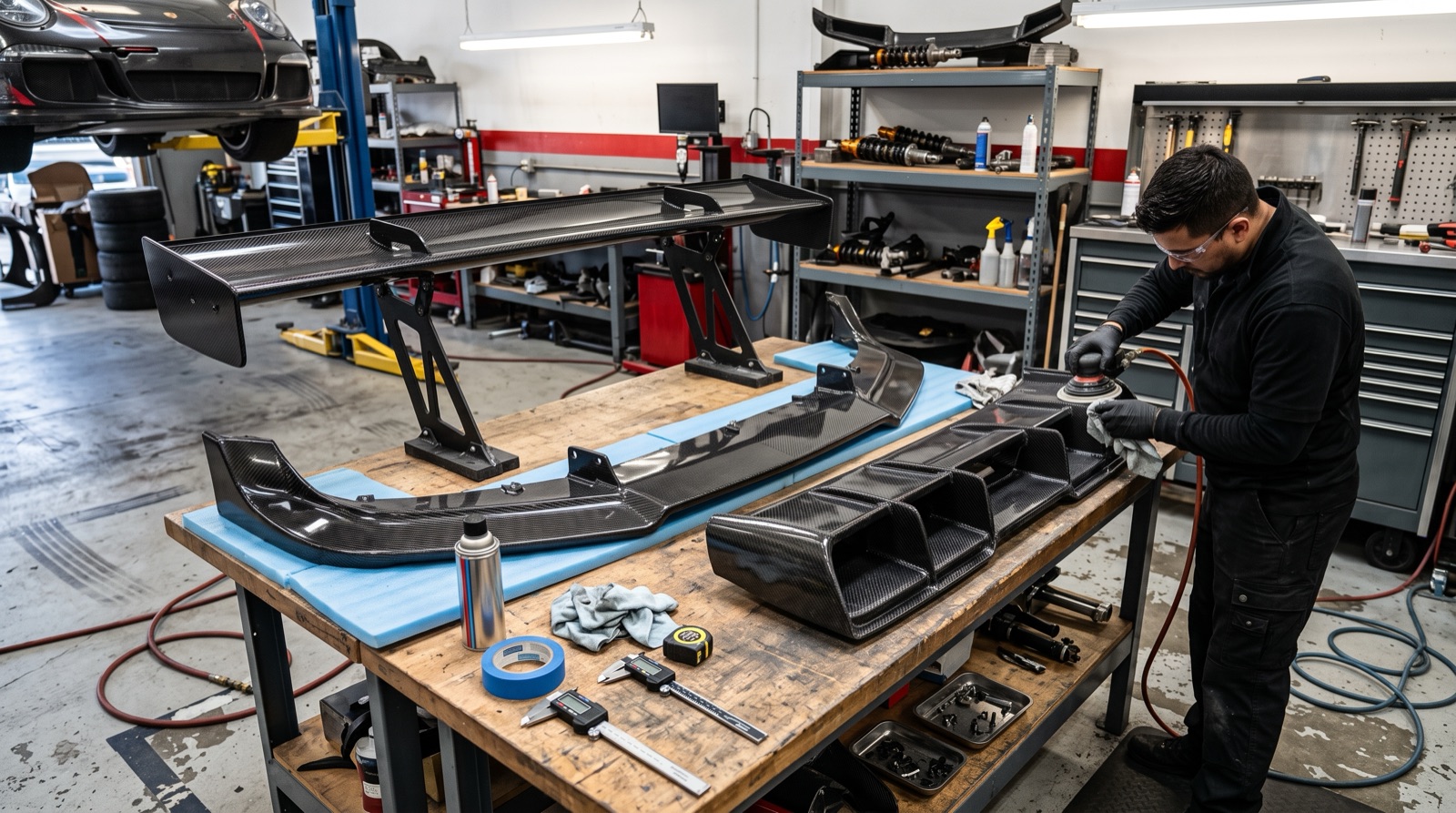 Body kit components and spoiler fitted to a performance car