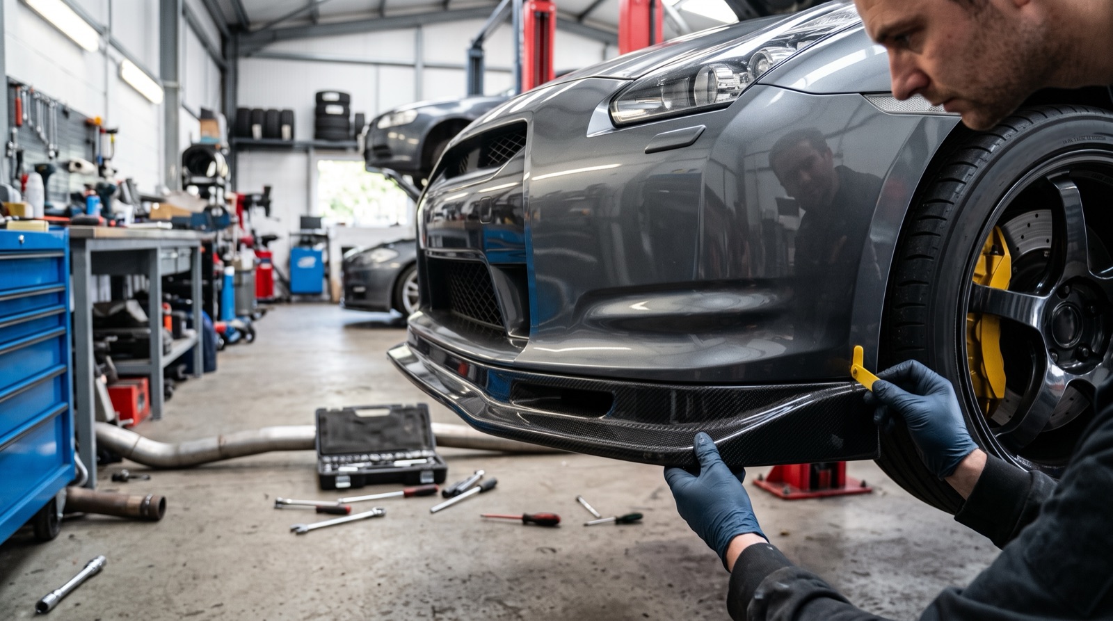 Technician fitting and aligning a body styling panel on a car