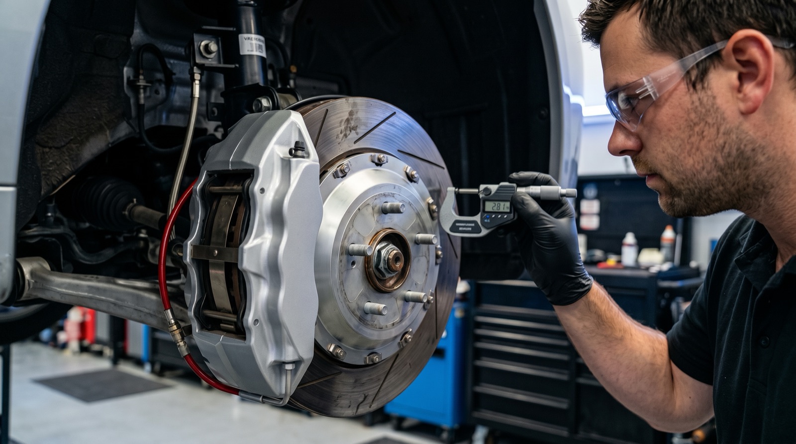 Technician inspecting a car's brake system at Auto Millennium Mechanic Clinic Dubai