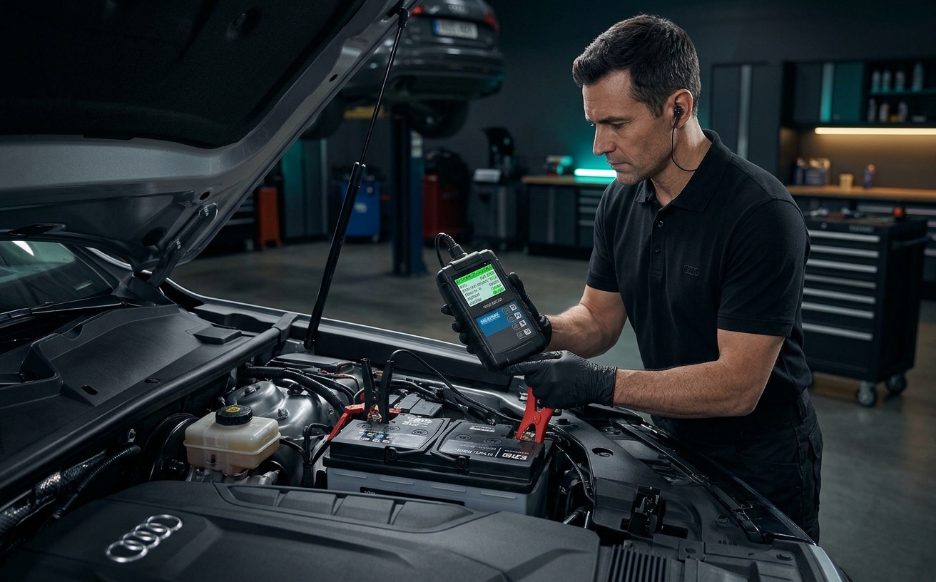 Technician testing a car battery with a diagnostic tool at Auto Millennium