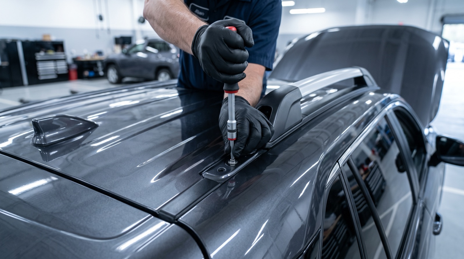 Auto Dealer Care technician installing factory accessories on a new vehicle before delivery