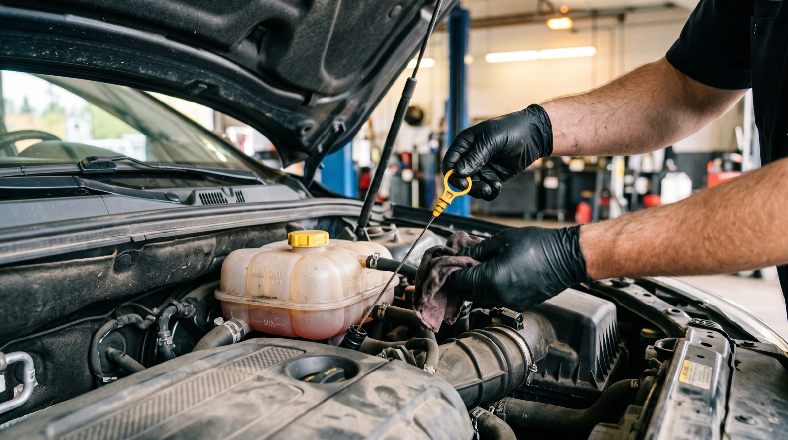 Mechanic checking coolant and fluid levels under a car hood