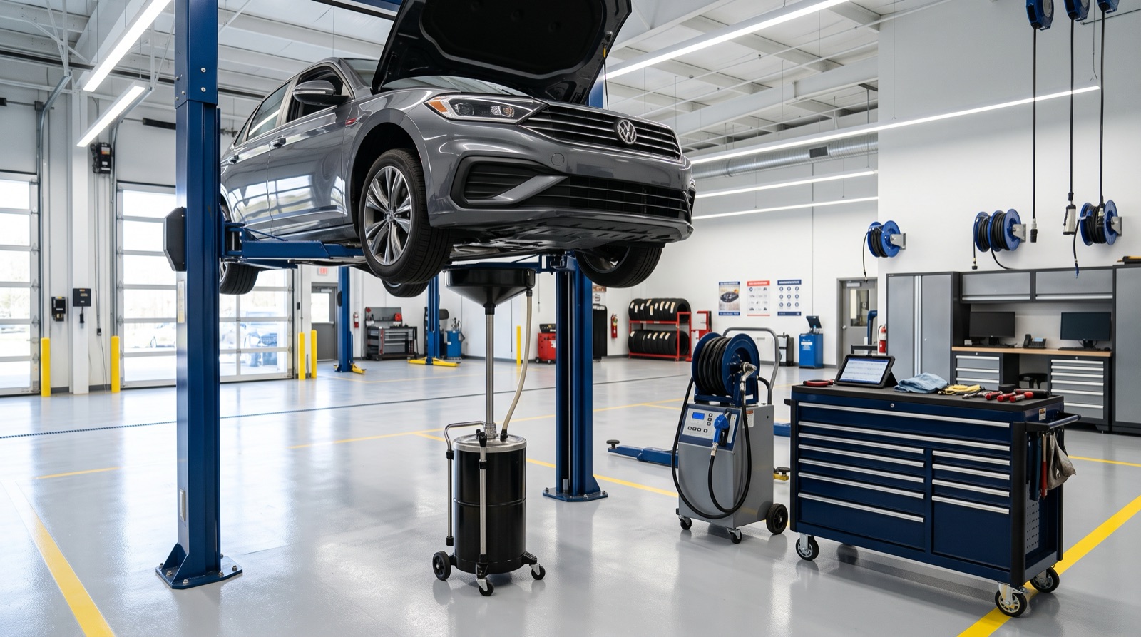 Mechanic Clinic workshop bay set up for routine oil and fluid servicing