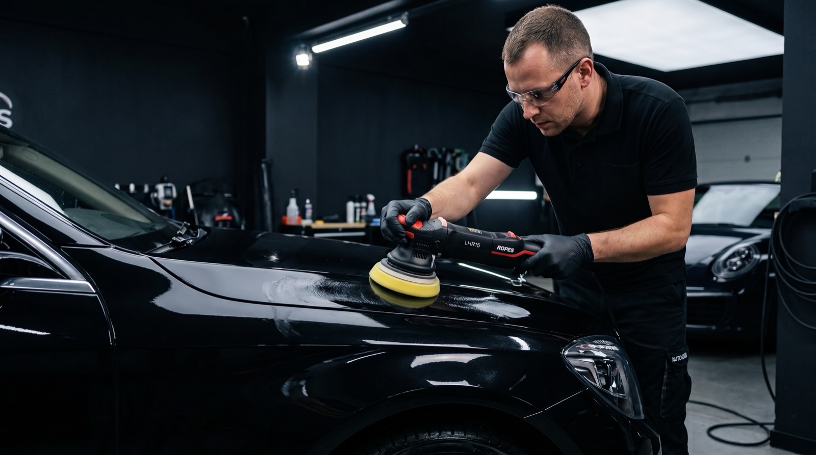 Technician machine-polishing a car's paint during paint correction at Auto Millennium Dubai