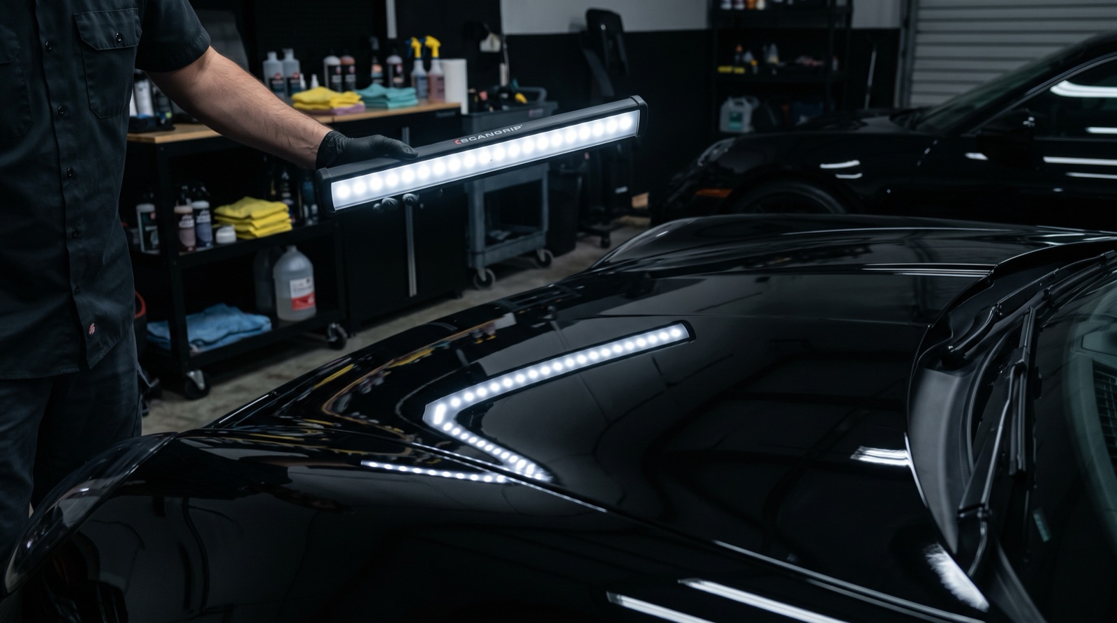 Paint inspection under lighting showing corrected gloss versus swirled paint