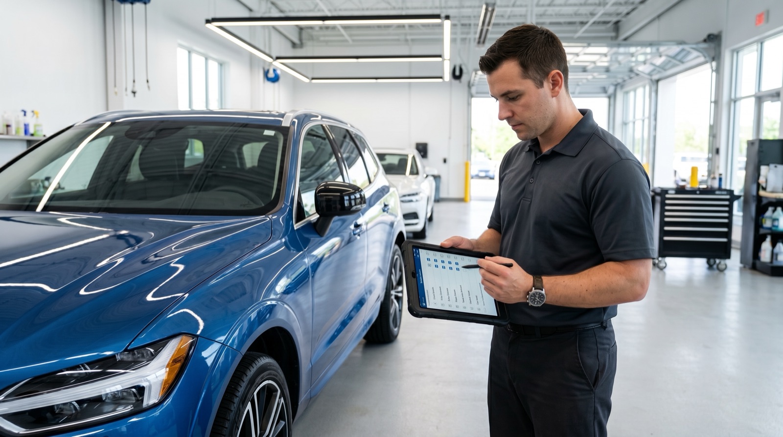 Technician conducting a pre-delivery inspection checklist on a new vehicle at Auto Millennium