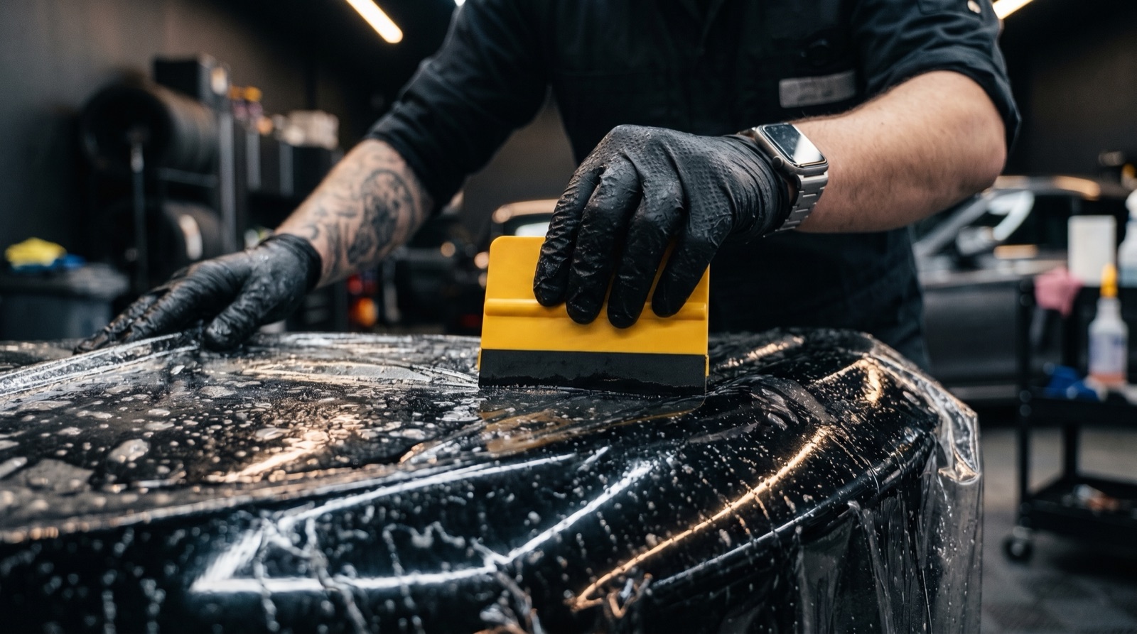 Technician installing paint protection film on a car's front bumper at Auto Millennium