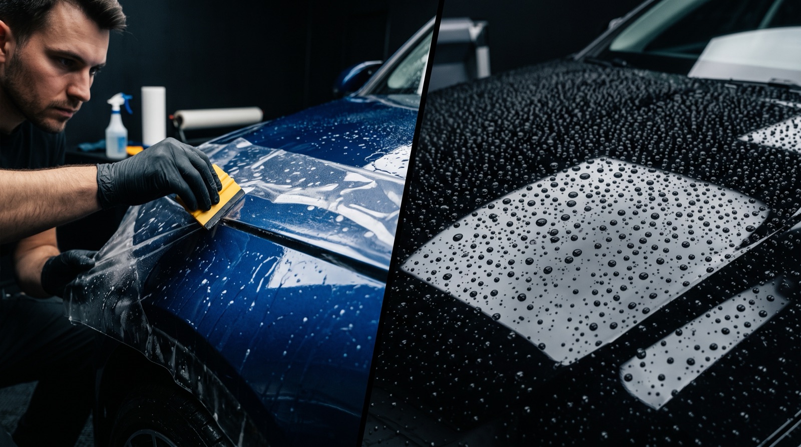 Side-by-side comparison of paint protection film and ceramic coating application on a car