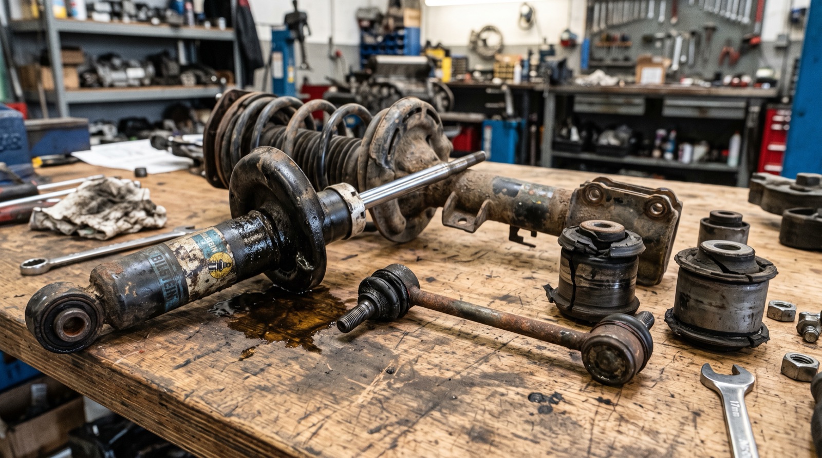 Worn shock absorber and strut components identified during suspension inspection
