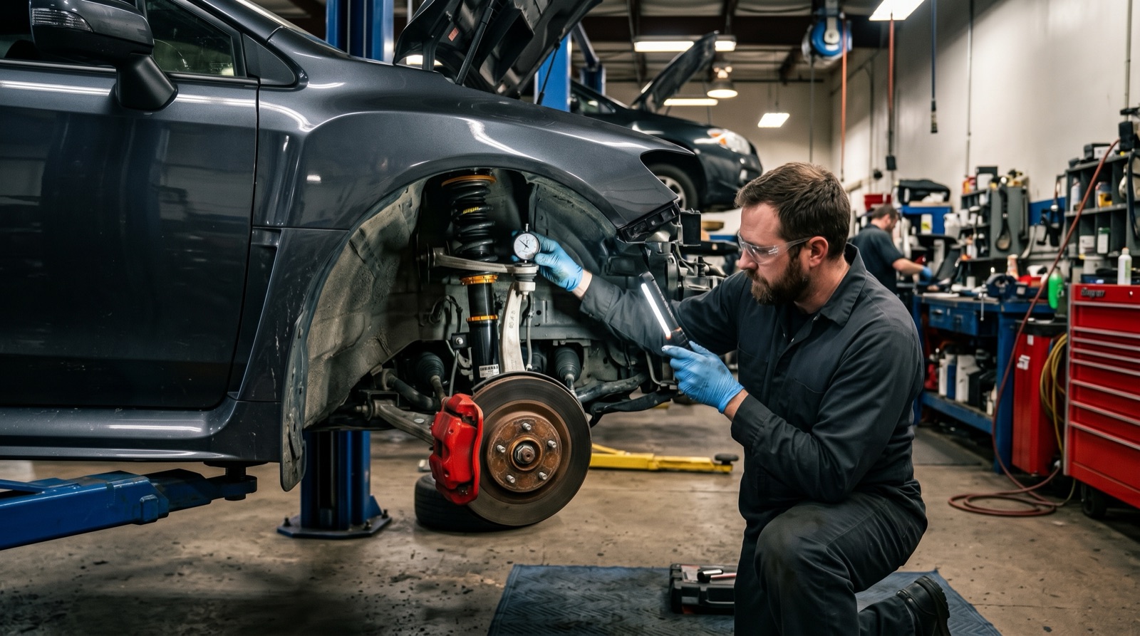 Technician inspecting a car's suspension system on a lift at Auto Millennium Mechanic Clinic Dubai