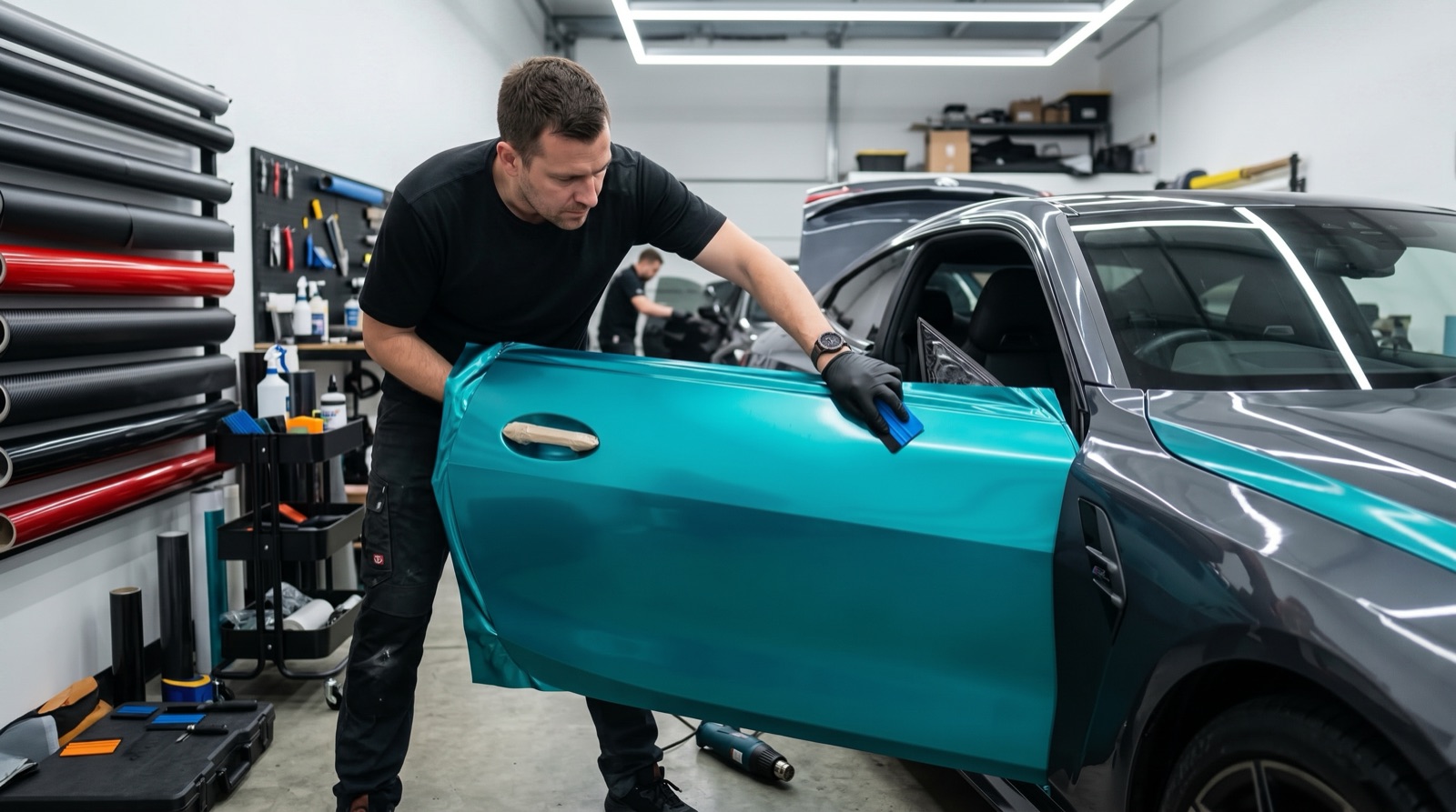 Technician applying a vinyl wrap to a car at Auto Millennium Car Studio Dubai