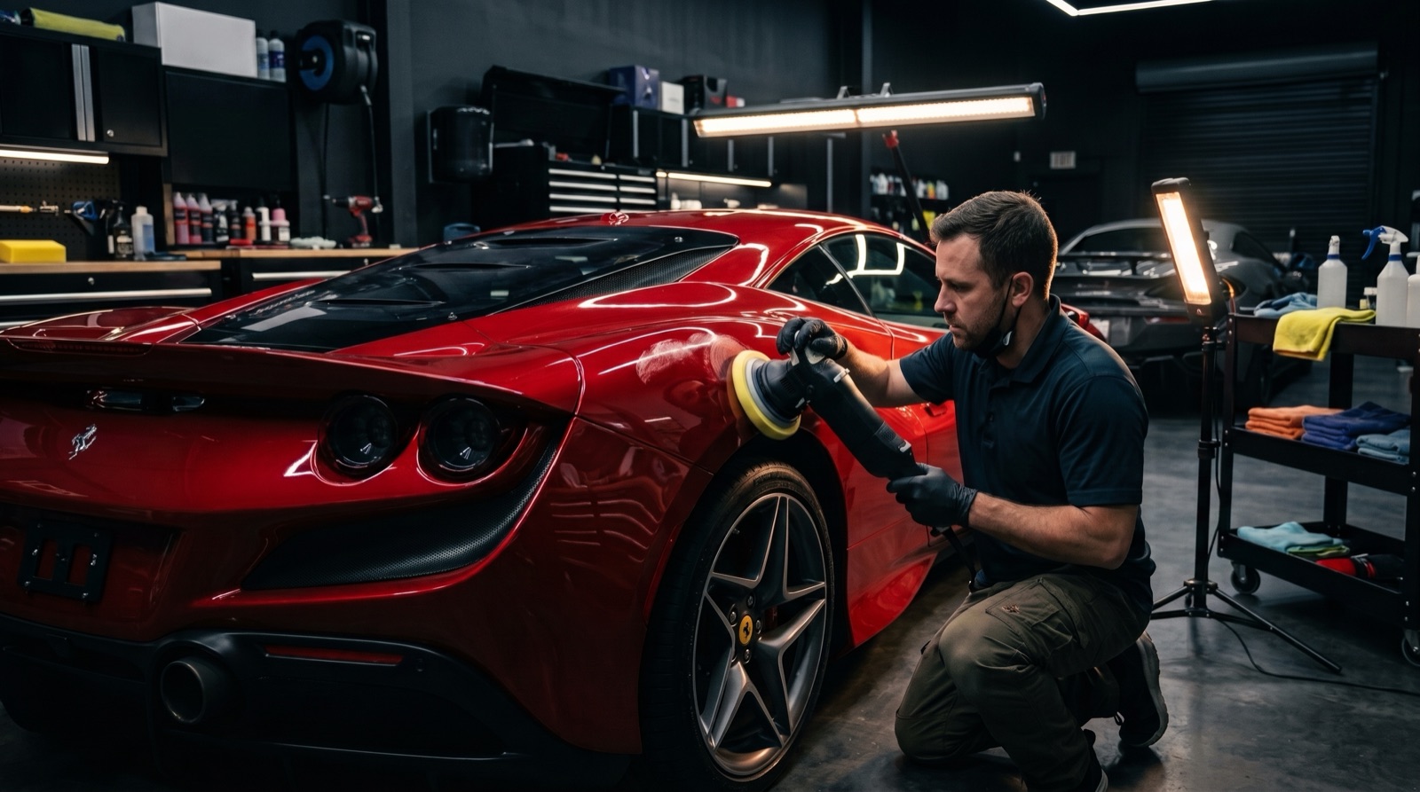 VIP Clinic technician detailing a luxury sports car at Auto Millennium Dubai