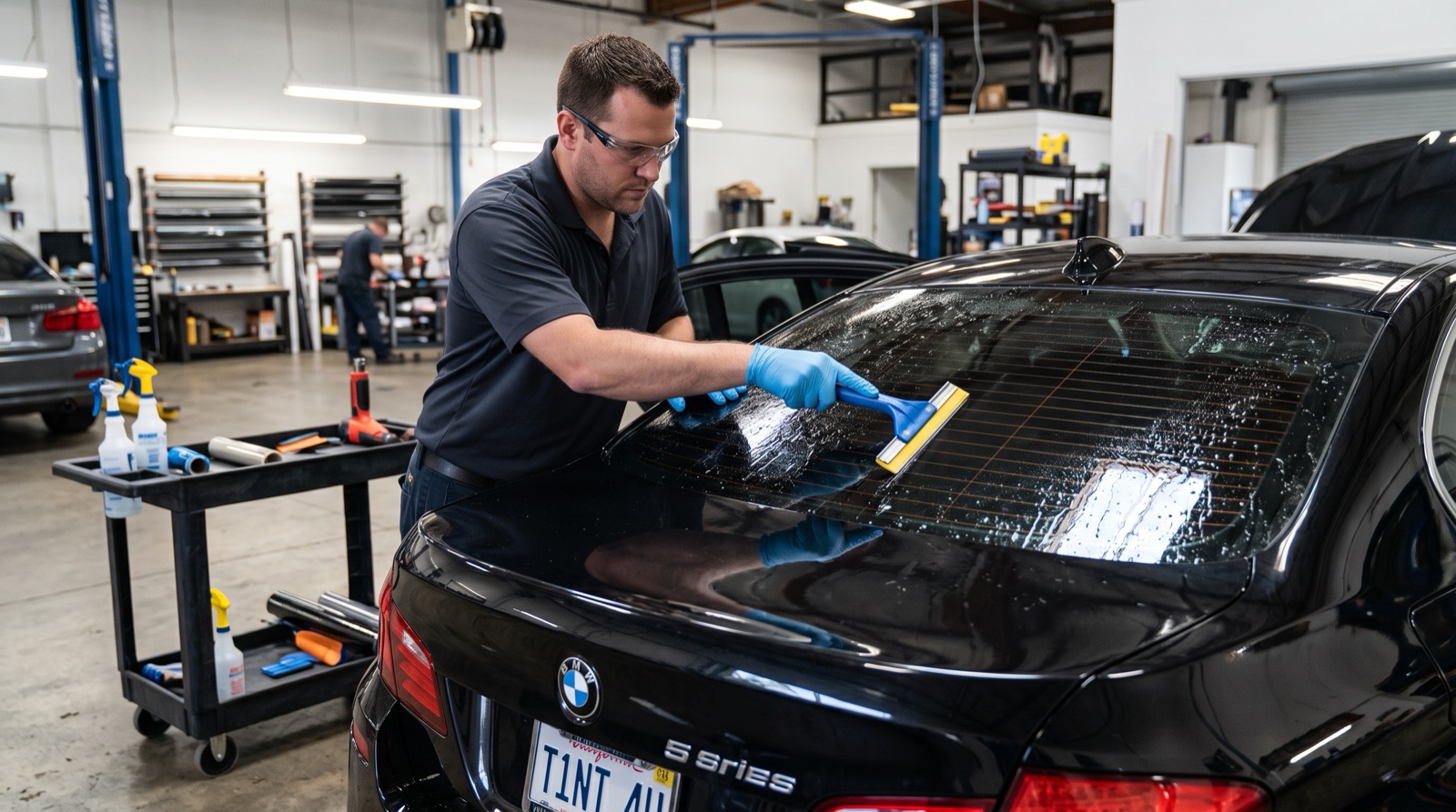 Technician squeegeeing window tint film during installation at Auto Millennium