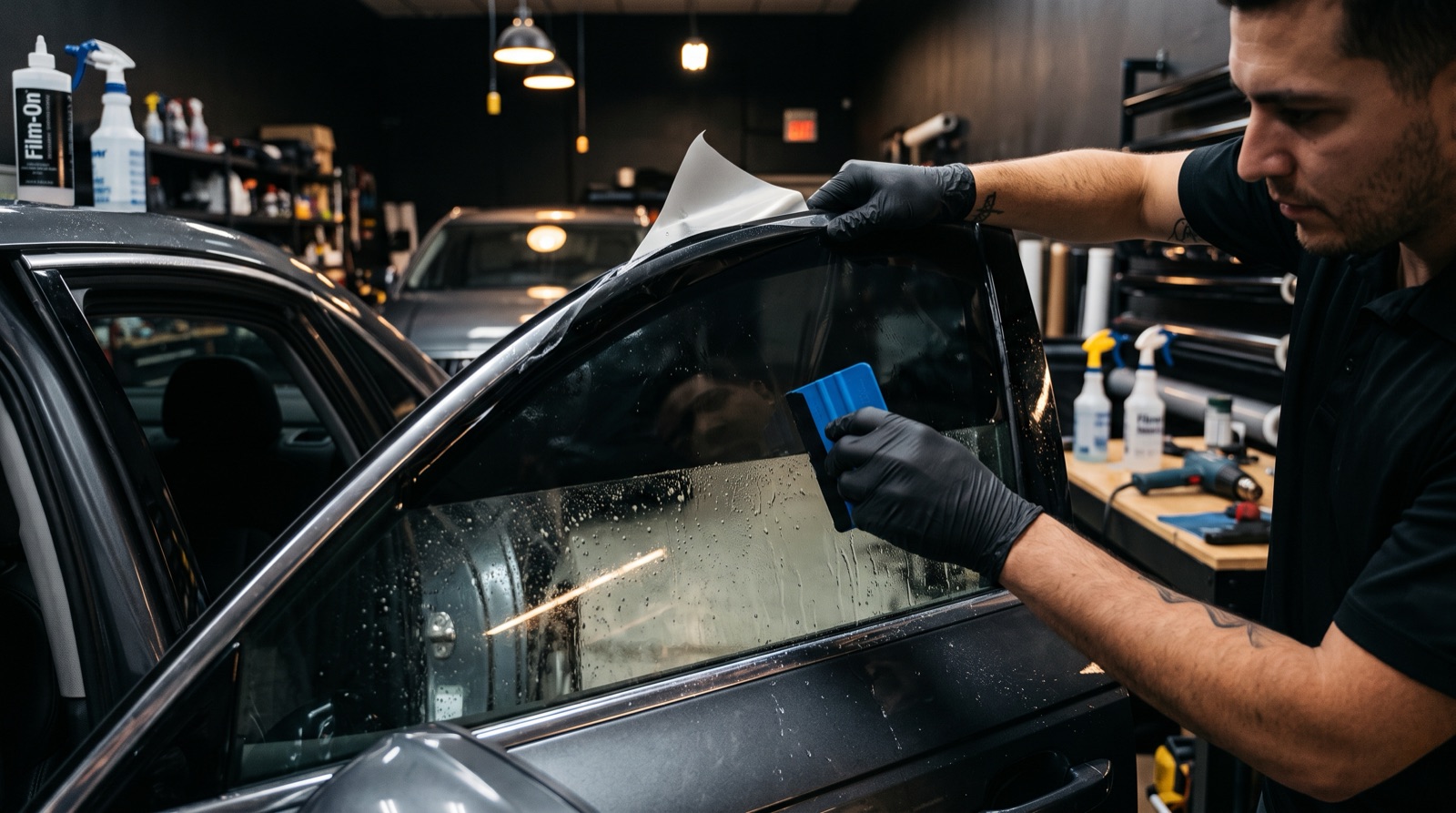 Technician applying window tint film to a car window at Auto Millennium Dubai